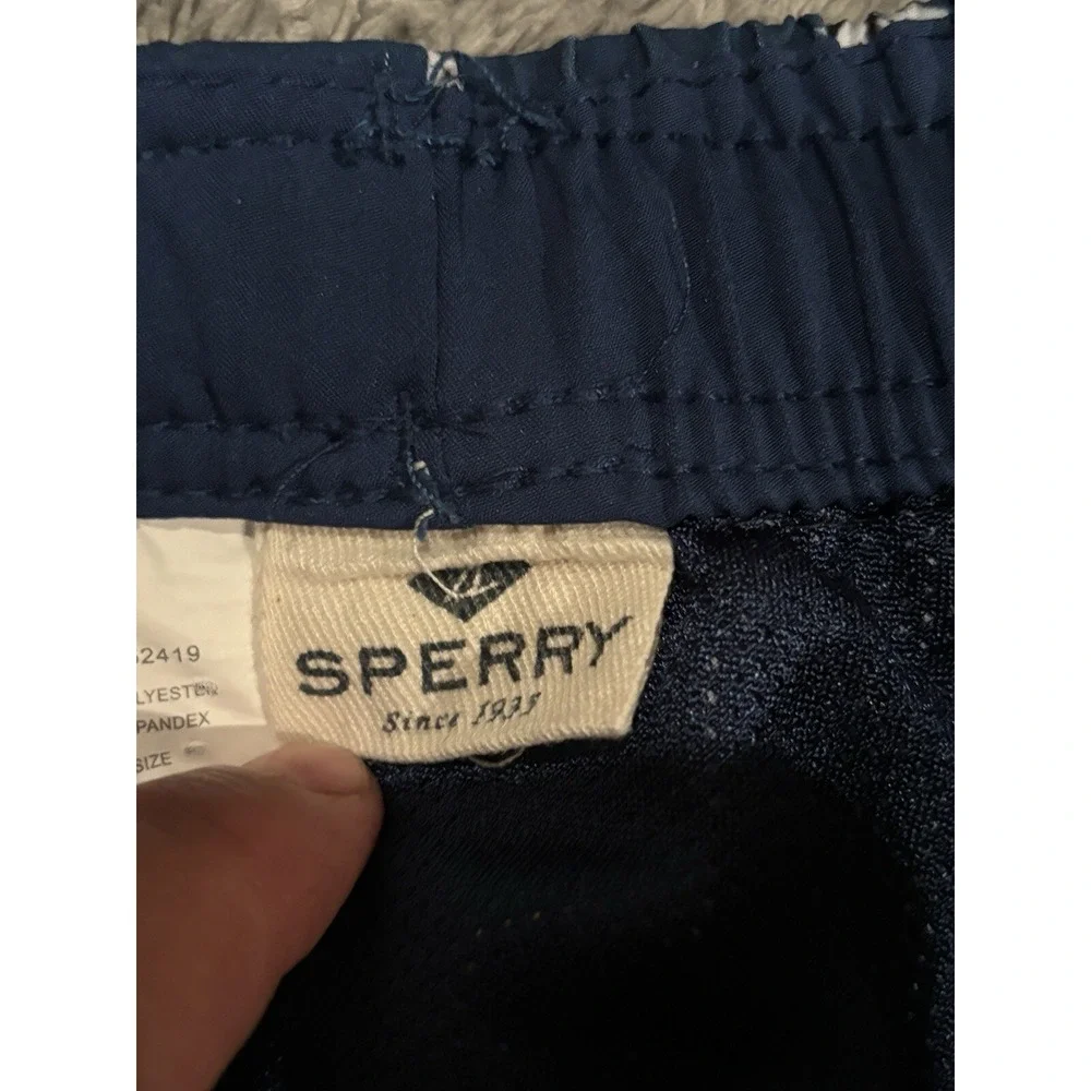 Sperry Mens Blue Pineapple Print Swim Trunks Size L Elastic Waist Mesh Lined
